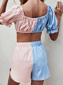 Conjunto top con nudo delantero de color combinado con shorts - Multicolor - Ver 2