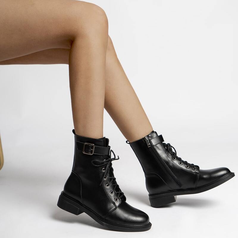 

Buckle Decor Lace-up Combat Boots, Black