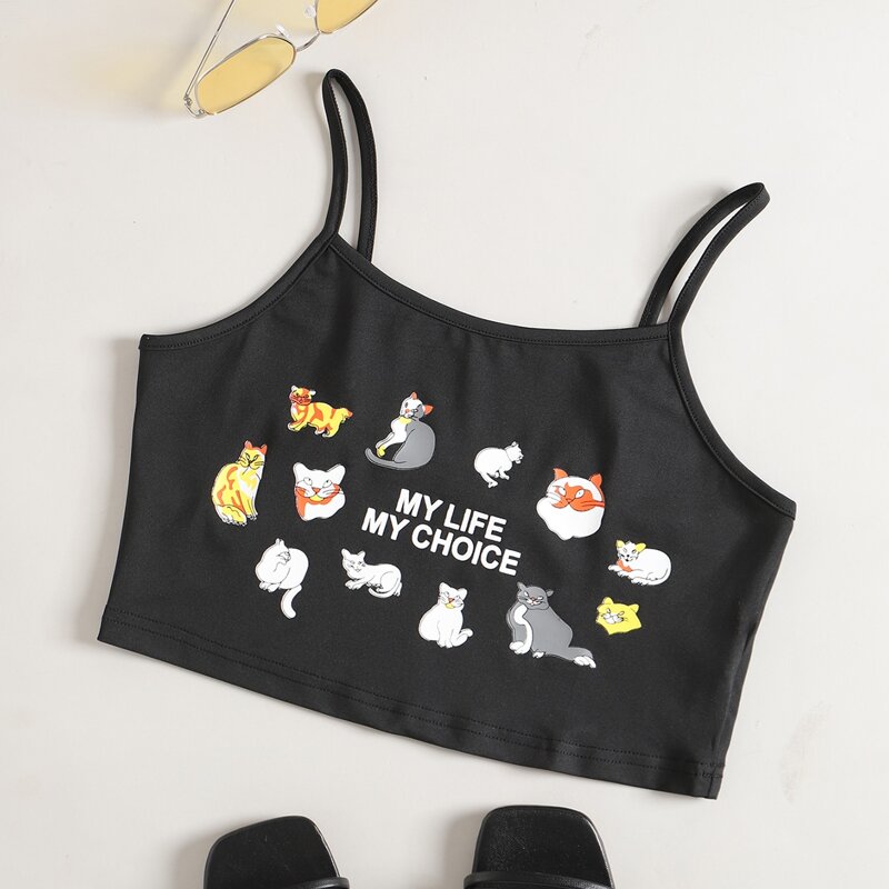 

Cartoon & Slogan Graphic Cami Top, Black
