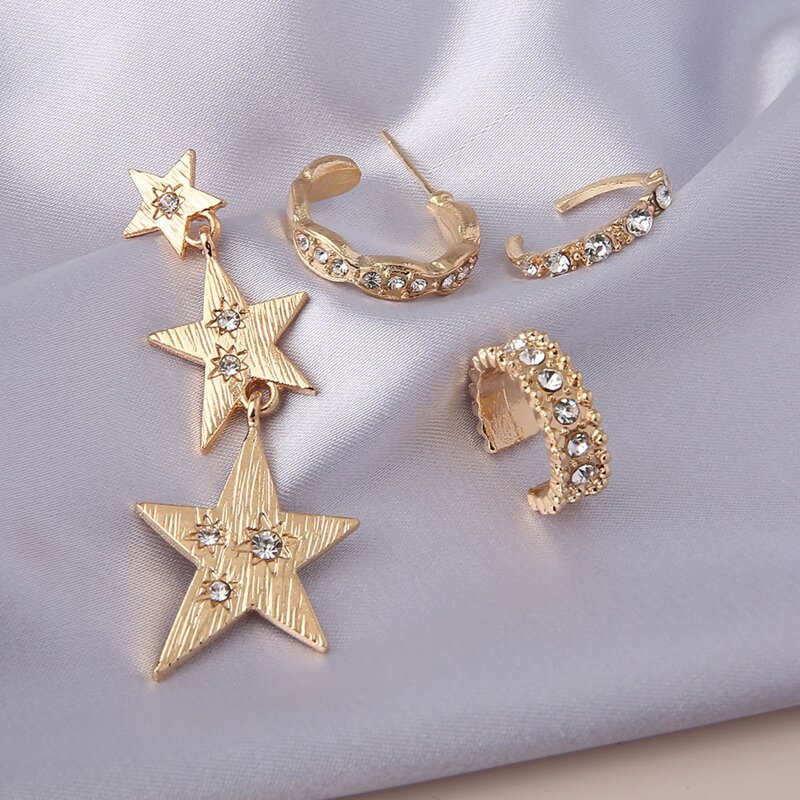 

4pcs Rhinestone Star Earring Set, Gold