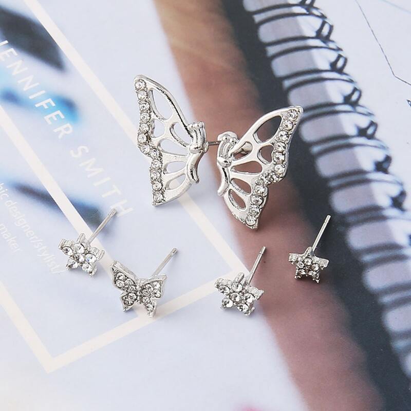 

6pcs Rhinestone Butterfly Stud Earrings, Silver