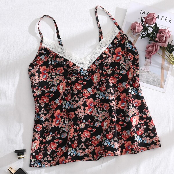 

Lace Trim Allover Floral Cami Top, Multicolor