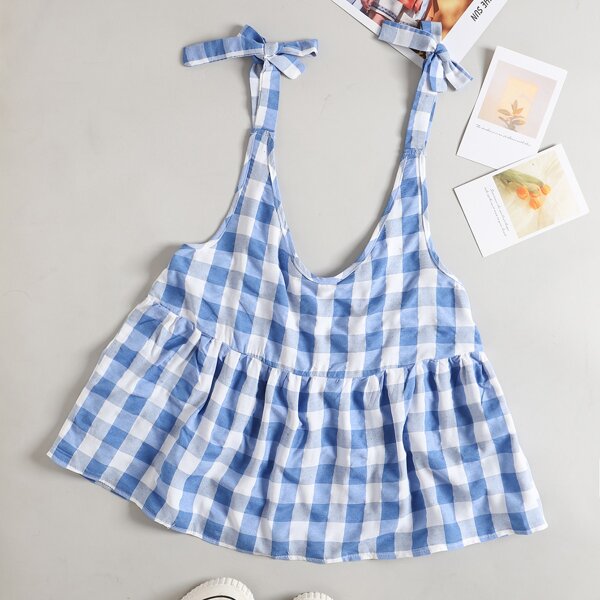 

Knot Shoulder Gingham Cami Top, Blue and white
