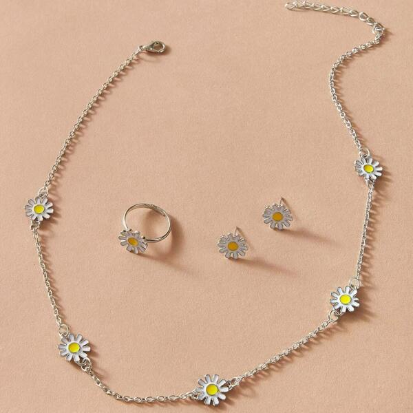 

4pcs Flower Decor Jewelry Set, Silver