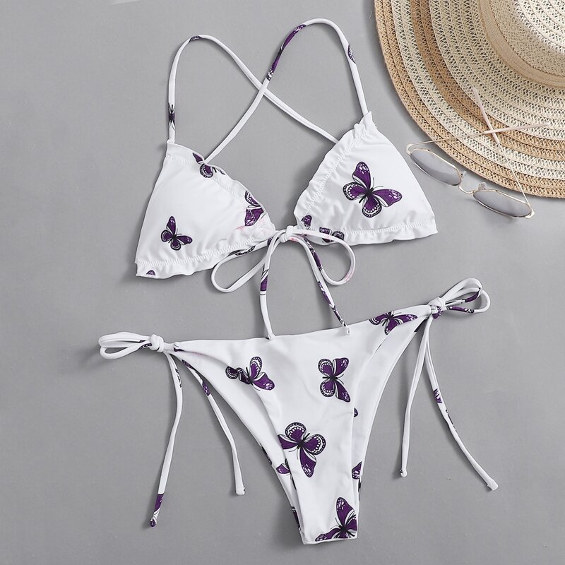 

Butterfly Graphic Tie Side Bikini Swimsuit, White