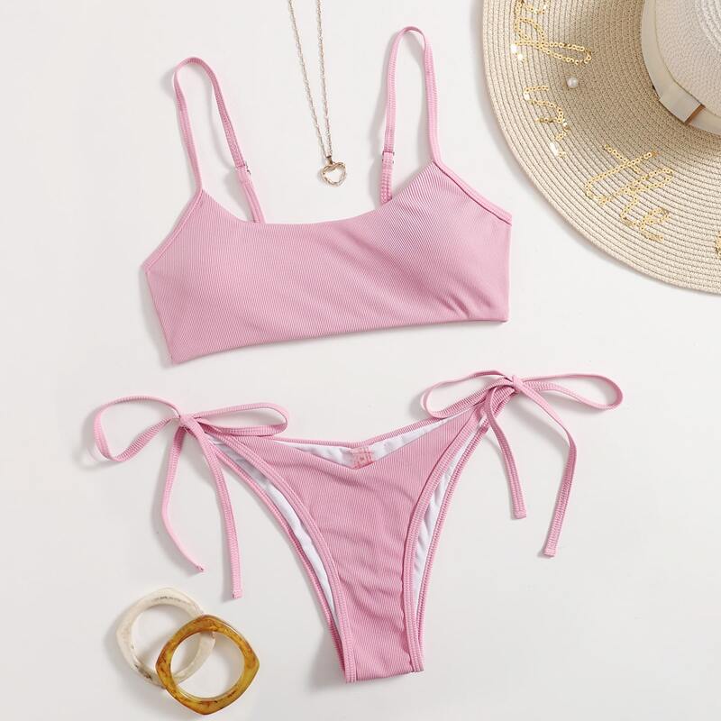 

Solid Tie Side Bikini Swimsuit, Pink