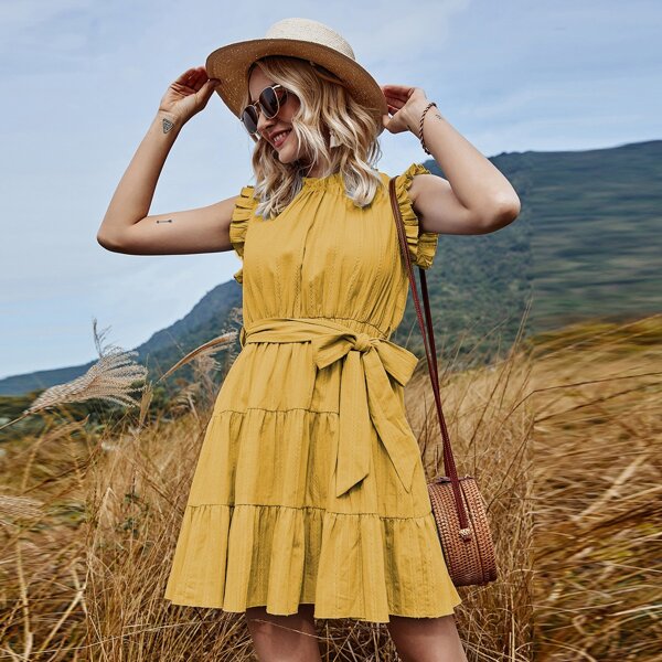

Frill Self Tie A-line Dress, Yellow