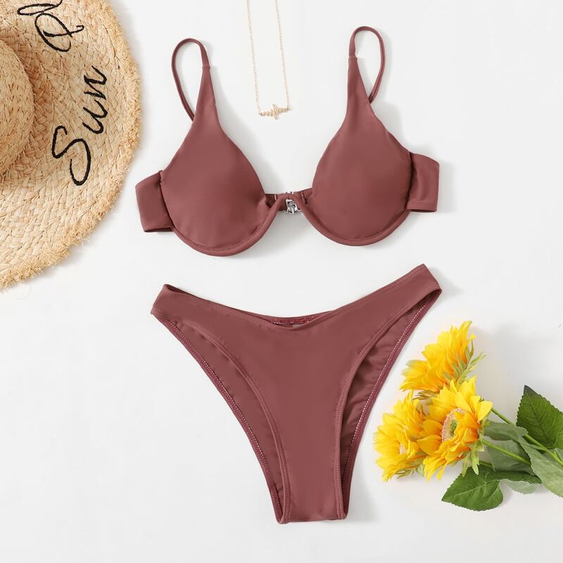 

Solid Push Up High Cut Bikini Swimsuit, Redwood