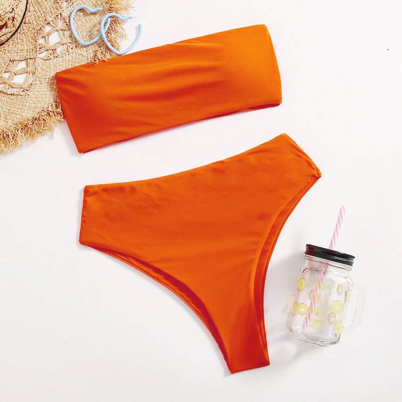 

Solid High Waist Bikini Swimsuit, Orange