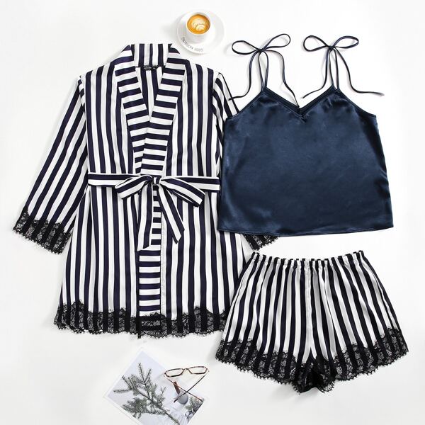 

Plus Tie Shoulder Cami Top & Eyelash Lace Hem Striped Shorts PJ Set With Belted Robe, Blue and white