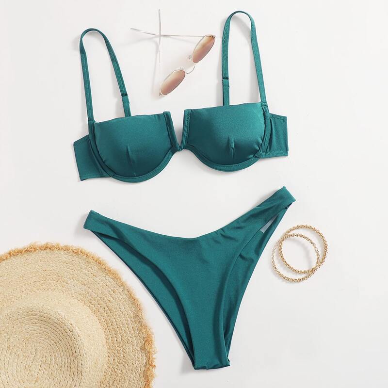 

Solid V Wired High Cut Bikini Swimsuit, Teal blue