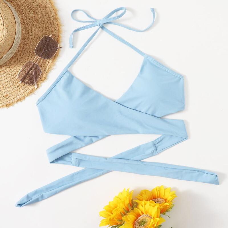 

Solid Criss Cross Halter Bikini Top, Baby blue