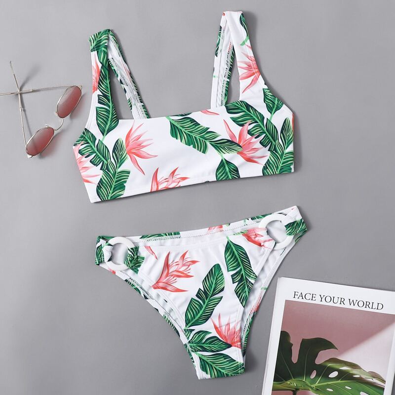 

Flower & Leaf Graphic Ring Decor Bikini Swimsuit, Multicolor