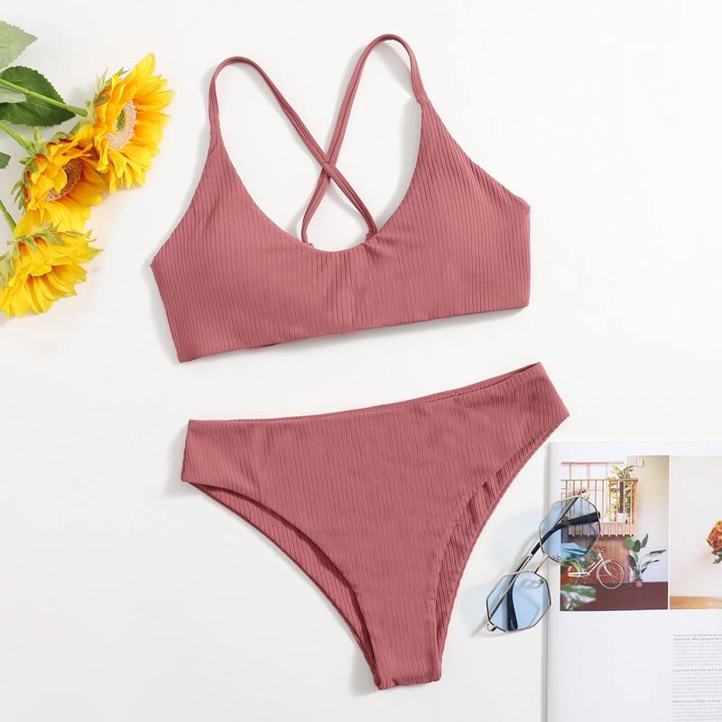 

Solid Criss Cross Bikini Swimsuit, Redwood
