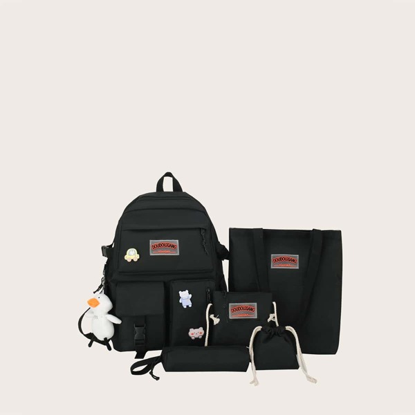 

5pcs Kids Cartoon Charm Backpack Set, Black