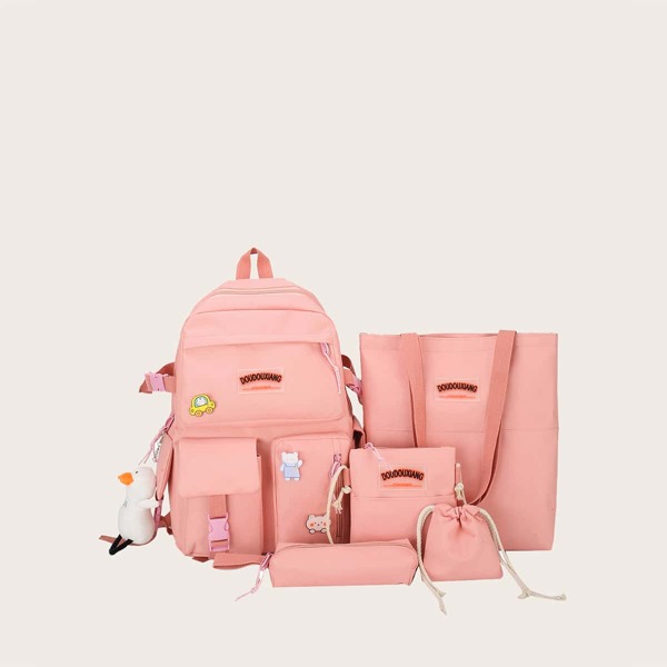 

5pcs Girls Cartoon Charm Backpack Set, Pink