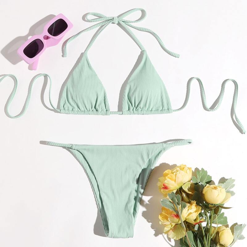 

Solid Halter Thong Bikini Swimsuit, Mint green