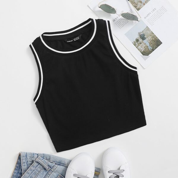 

Contrast Piping Crop Tank Top, Black