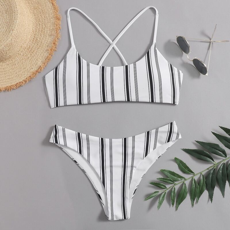 

Striped Criss Cross Bikini Swimsuit, Black and white