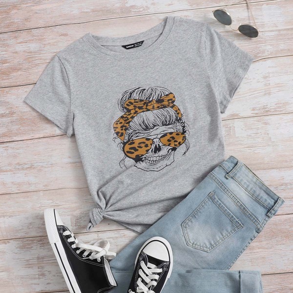 

Skull Print Tee, Grey