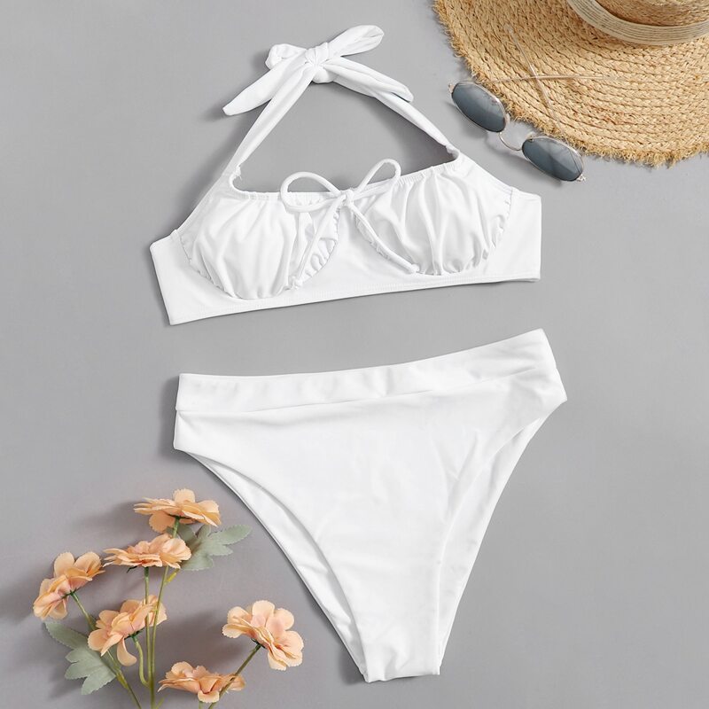 

Solid Halter Bow Bikini Swimsuit, White