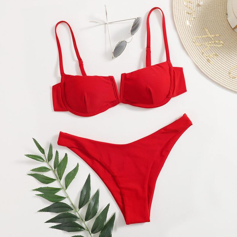 

Solid V Wired High Cut Bikini Swimsuit, Red
