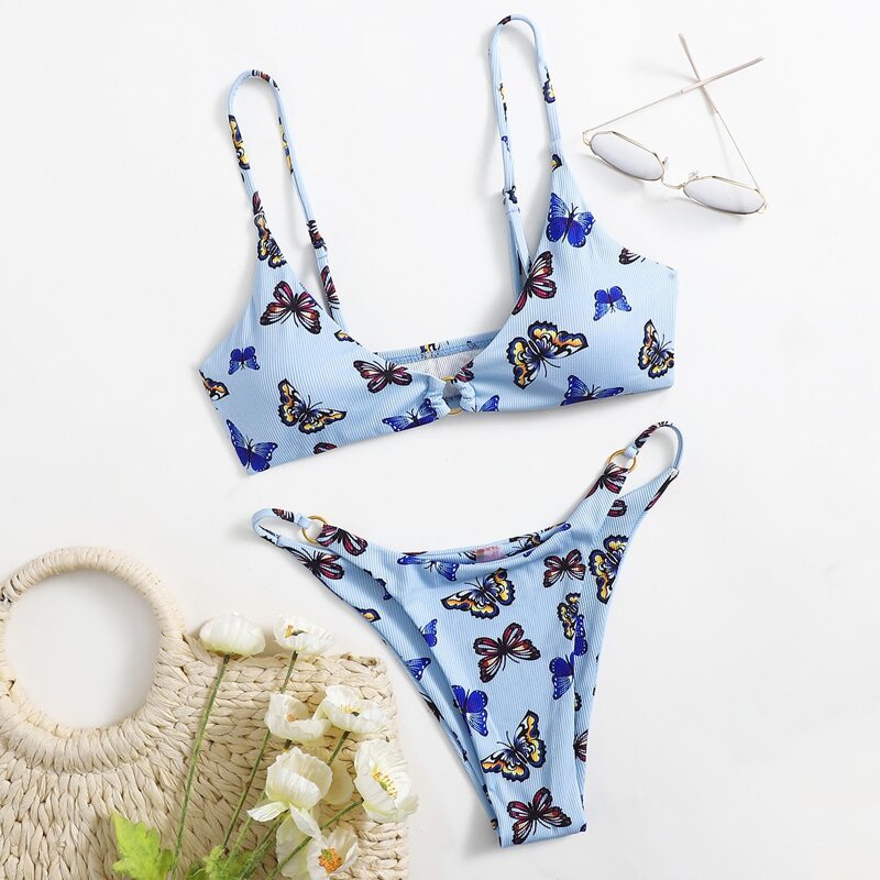 

Butterfly Graphic Ring Decor Bikini Swimsuit, Baby blue
