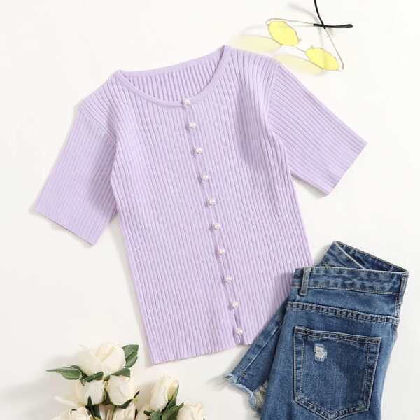 

Pearls Button Rib-knit Cardigan, Lilac purple