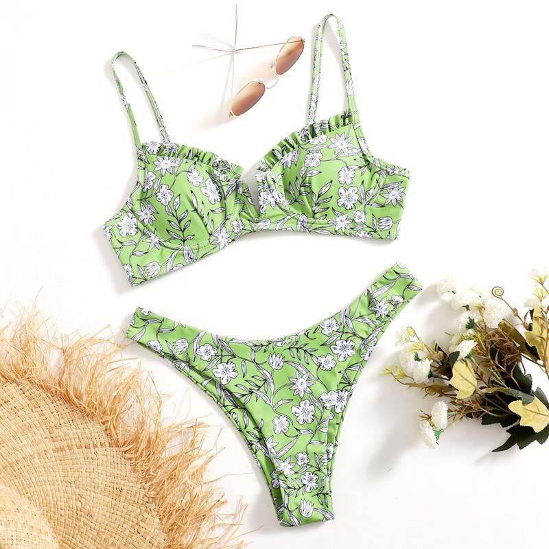 

Ditsy Flower V Wired High Cut Bikini Swimsuit, Green
