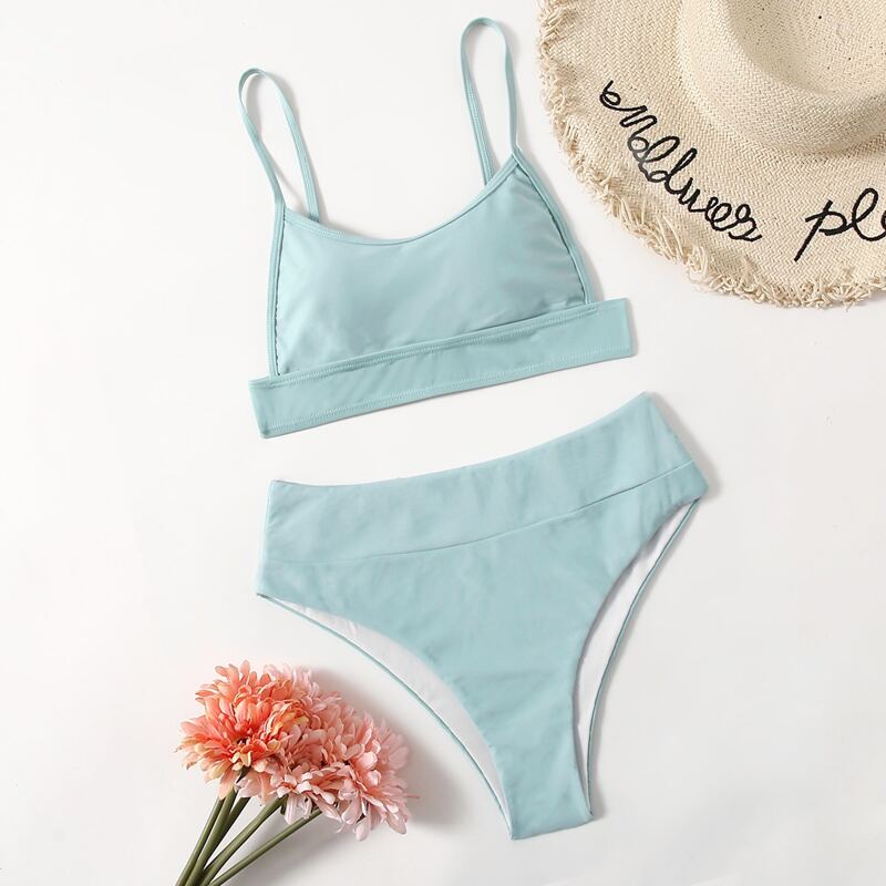 

Solid High Waist Bikini Swimsuit, Mint blue