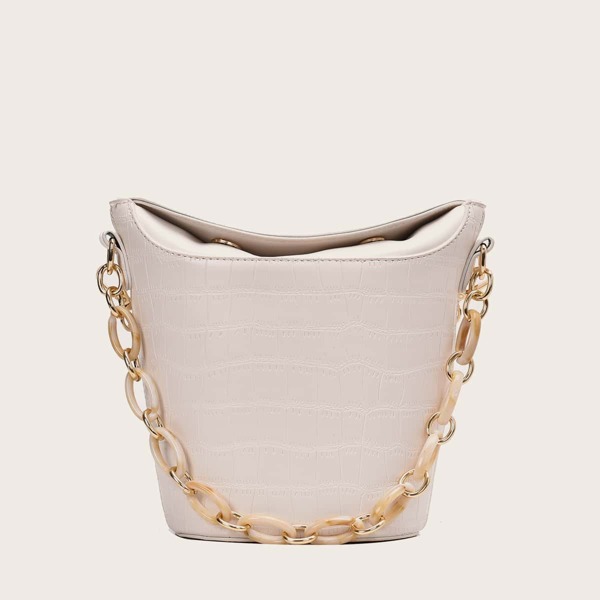 

Chain Decor Croc Embossed Bucket Bag, Beige