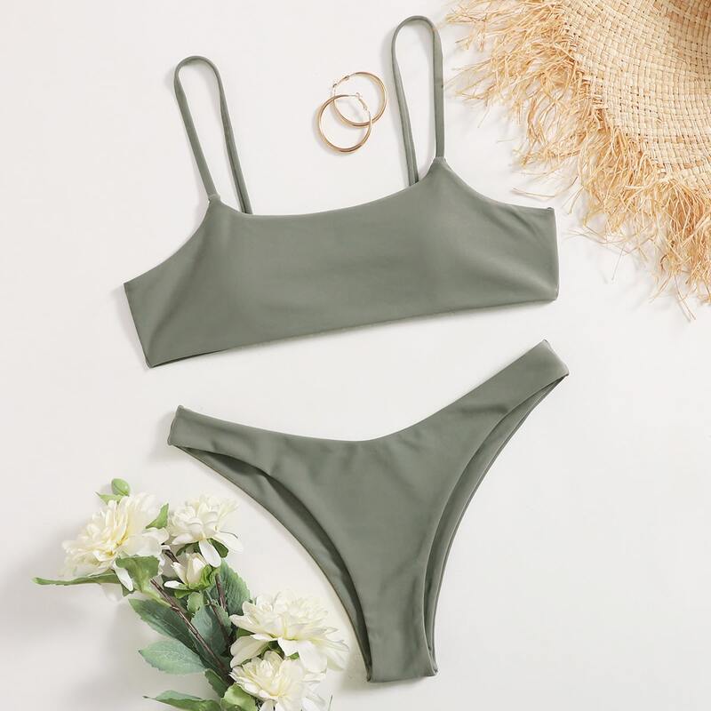 

Solid High Cut Bikini Swimsuit, Grey