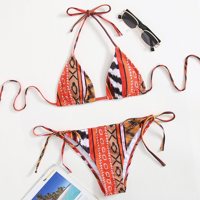 

Graphic Halter Tie Side Bikini Swimsuit, Multicolor