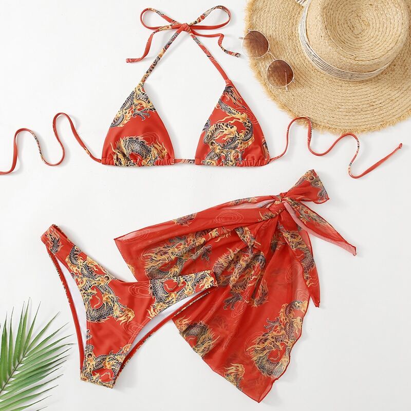

3pack Chinese Dragon Graphic Halter Bikini Swimsuit & Beach Skirt, Multicolor