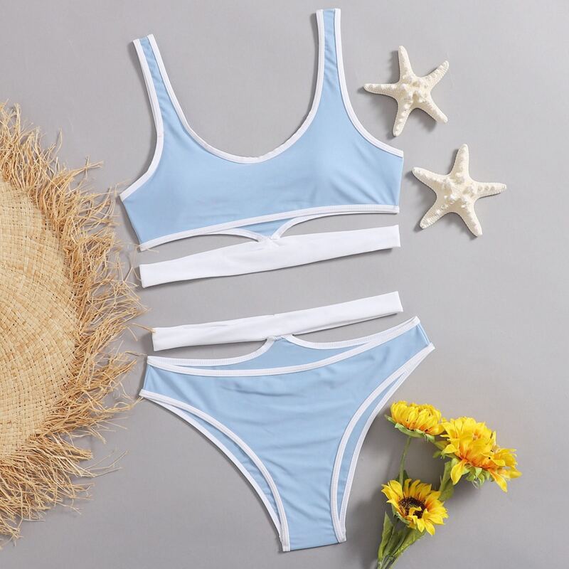 

Contrast Binding Cut Out Bikini Swimsuit, Blue and white