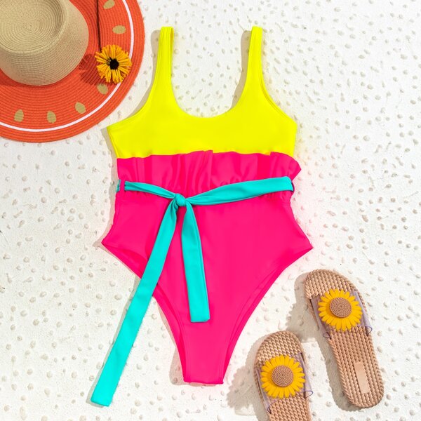 

Color Block Ruffle One Piece Swimsuit, Multicolor