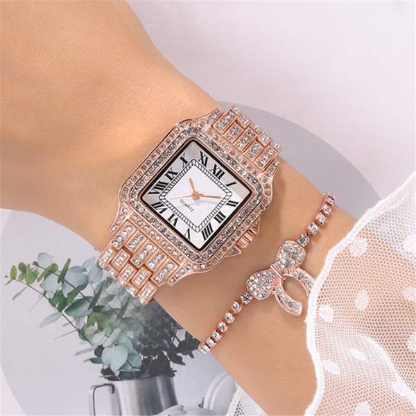 

1pc Rhinestone Decor Square Quartz Watch & 1pc Bracelet