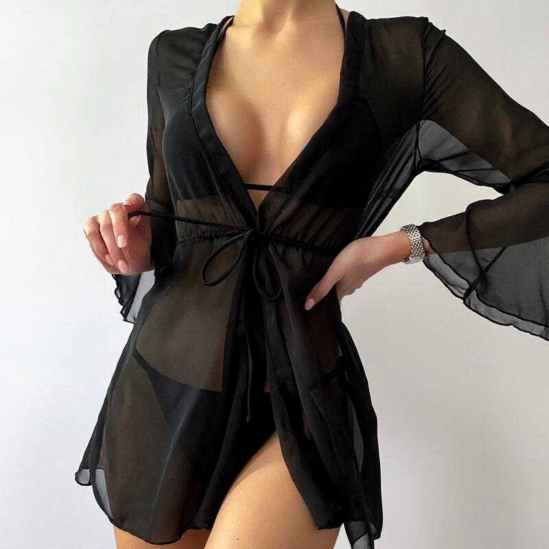 

Drawstring Waist Chiffon Kimono, Black