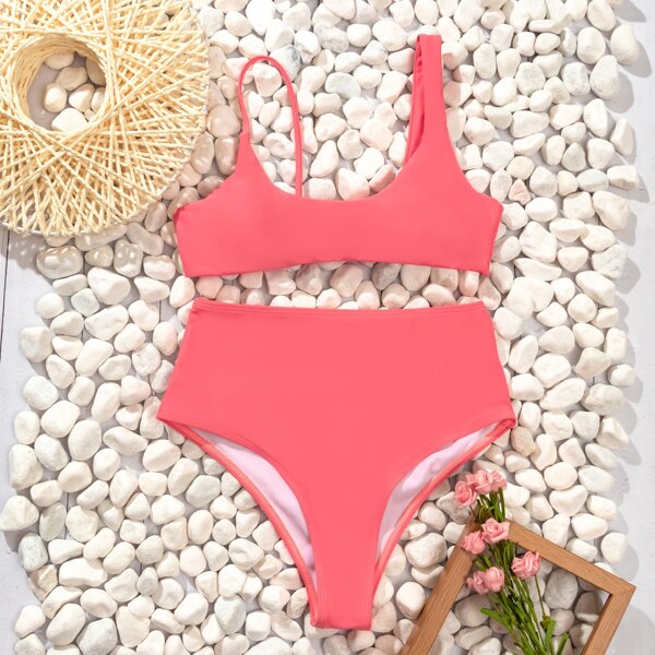 

Solid High Waisted Bikini Swimsuit, Watermelon pink