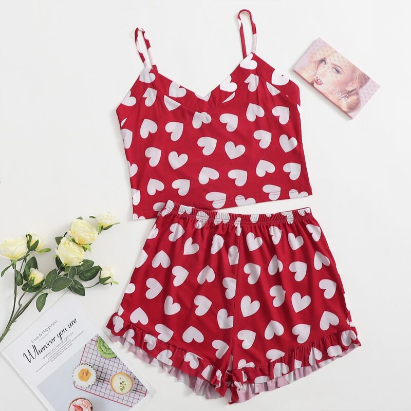 

Heart Print Ruffle Hem Cami Pajama Set, Red and white