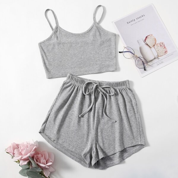 

Solid Crop Cami Top With Shorts Lounge Set, Grey