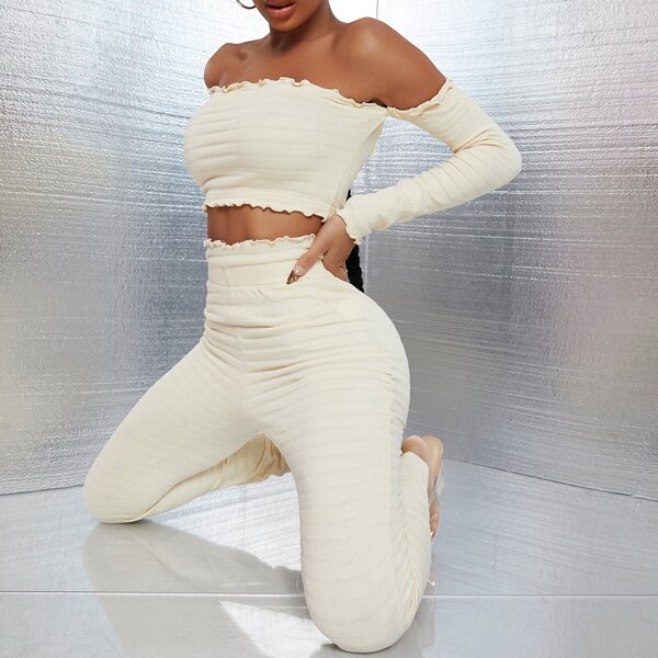 

Solid Lettuce Trim Off Shoulder Tee & Leggings Set, Beige