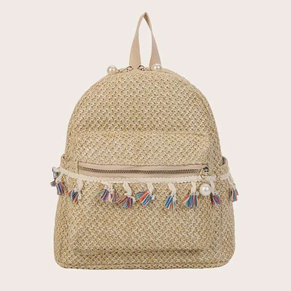 

Tassel Charm Woven Backpack, Khaki
