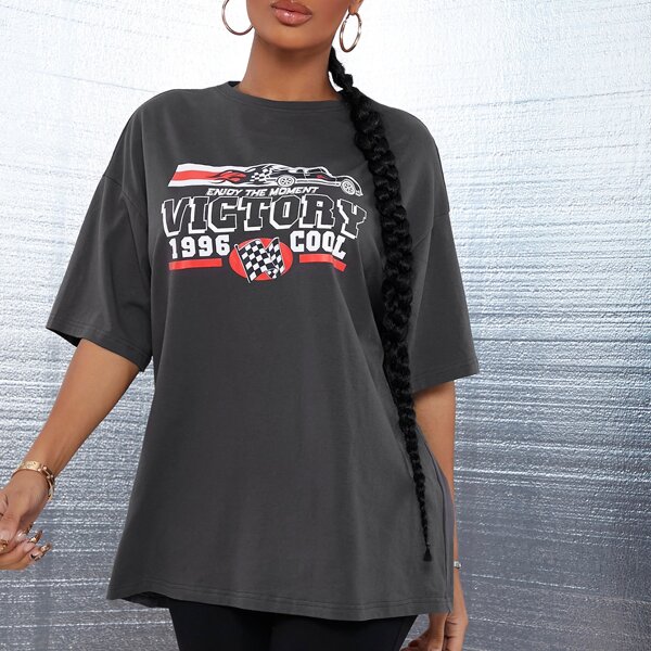 

Letter Graphic Drop Shoulder Tee & Biker Shorts Set, Multicolor