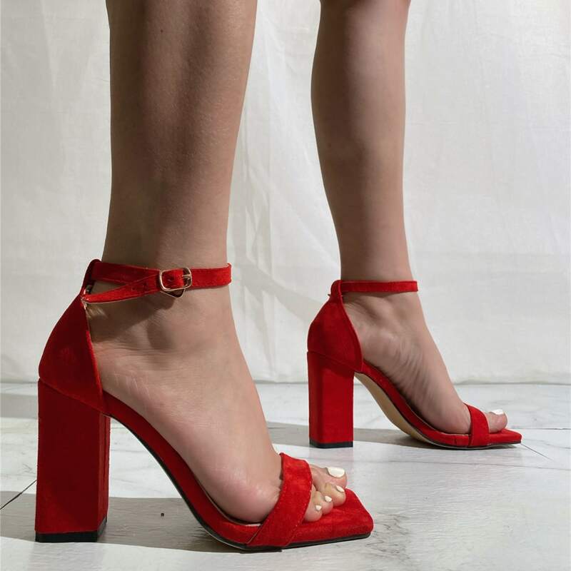 

Chunky Heeled Ankle Strap Sandals, Red