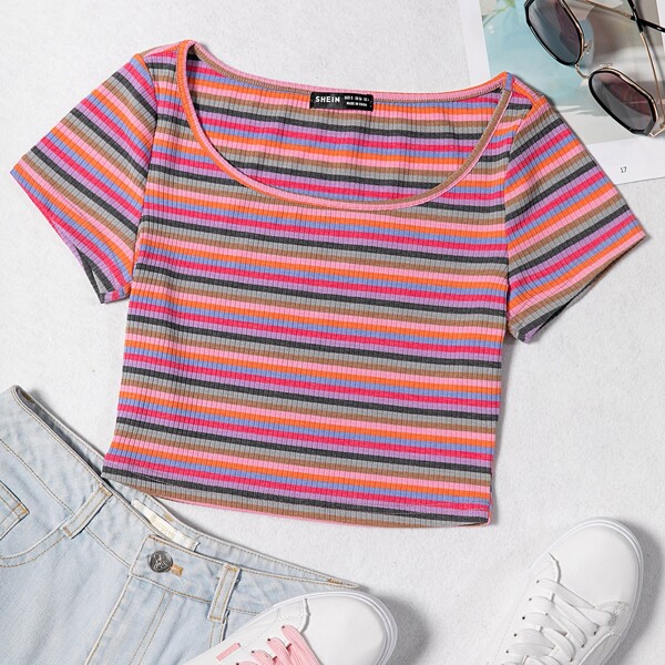 

Striped Rib-knit Tee, Multicolor
