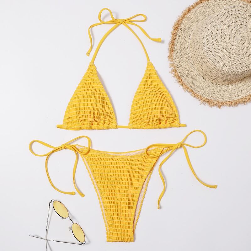 

Smocked Micro Triangle Tie Side Bikini Swimsuit, Yellow