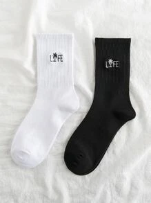 2pairs Men Letter Embroidery Crew Socks - Black and White - View 1