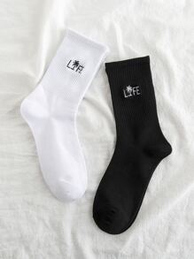 2pairs Men Letter Embroidery Crew Socks - Black and White - View 2