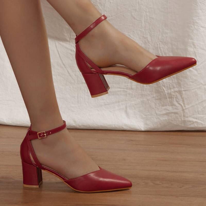 

Point Toe Mid Heeled Ankle Strap Pumps, Red